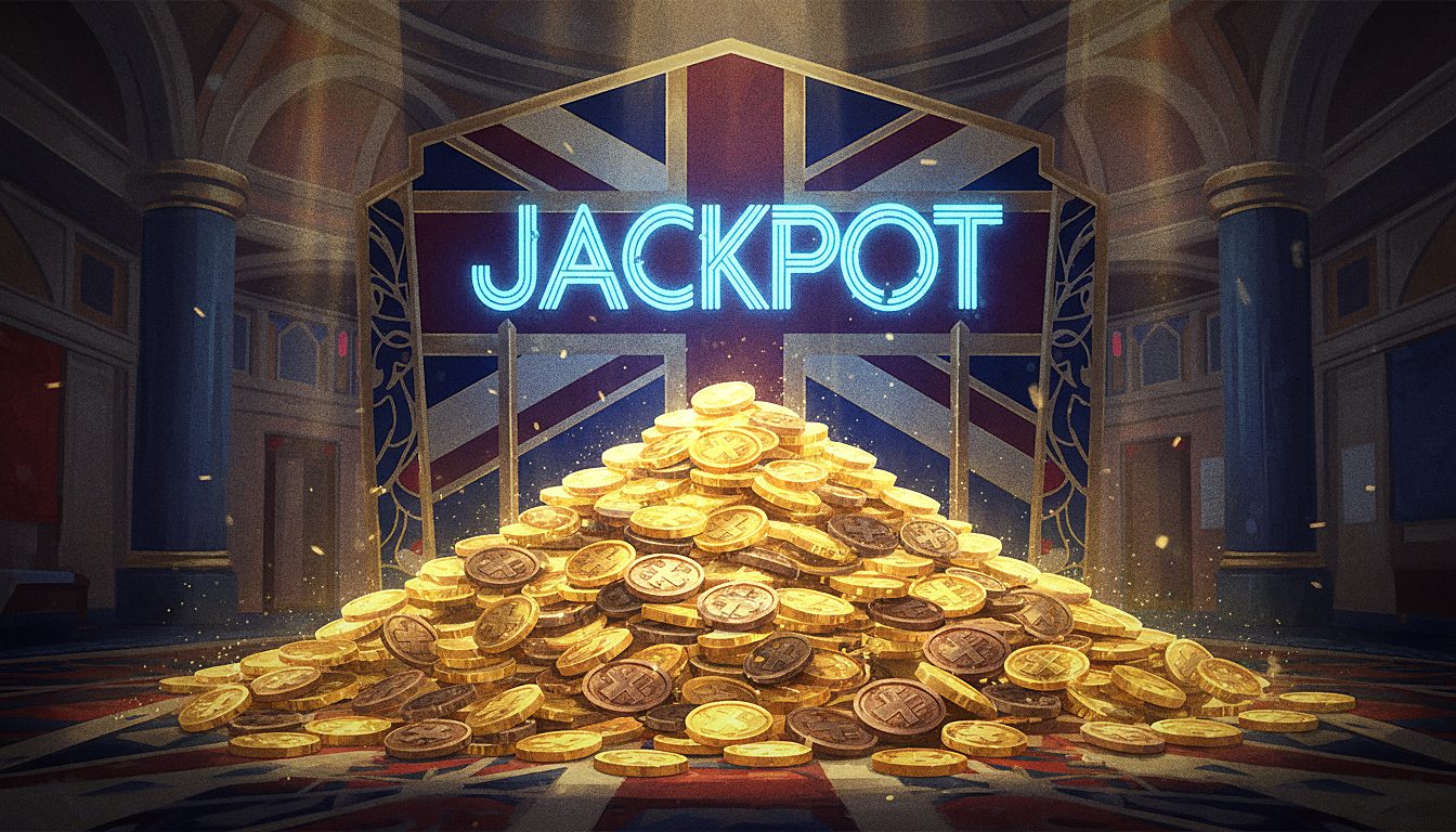 pile of gold coins and a glowing jackpot sign