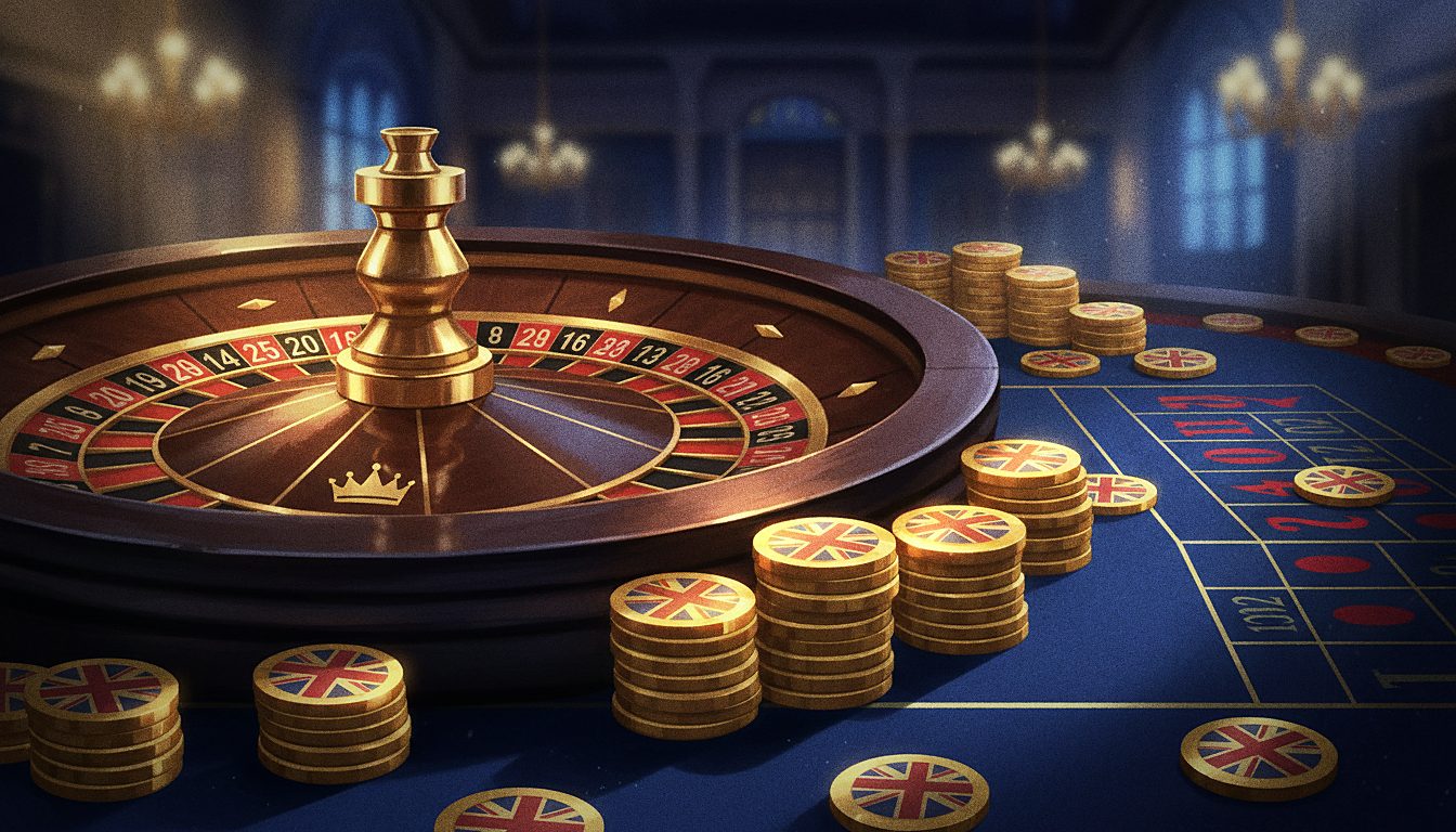 roulette wheel with gold chips, dramatic casino lighting